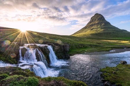 Sunrise on Kirkjufell, Iceland - river, sunrise, nature, waterfall