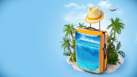 Summer vacation - holiday, beach, hat, suitcase