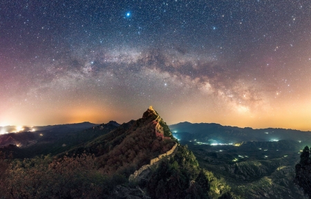 The Summer Triangle over the Great Wall - fun, stars, cool, architecture, monument, space