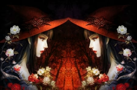 Zodiac - Gemini - hat, gemini, fantasy, twins, red, girl, flower, zodiac