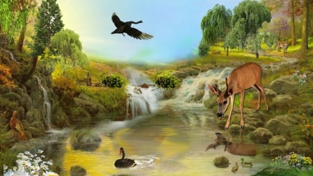 Wild Life - geese, fawn, falls, forest, wild life, Firefox Persona theme, pool, deer, wild cat, ducks