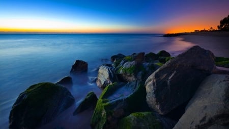 Ocean  Sunset - sunset, nature, blue, sea, ocean, rocks, sky