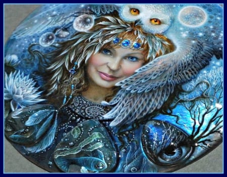 Blue Owl - fantasy, pretty, beautiful, owl, abstract, woman, blue