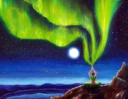 Power of Green Aurora - meditation, attractions in dreams, paintings, northern light, colorful, moons, aurora, green, love four seasons, sky, draw and paint