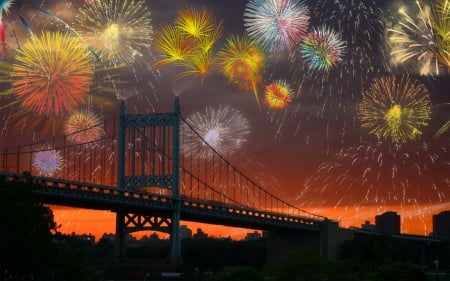 Fireworks Over a Bridge - celebration, independence day, bridge, fireworks, 4th of july