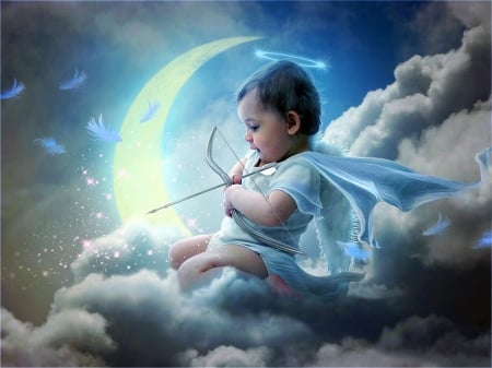 Cupid - moon, angel, child, copil, creative, fantasy, archer, cupid, cloud, boy, luminos, blue, luna, cute, arrow, mr ripley