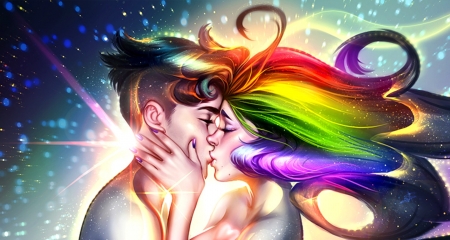 Give me the colors of life - girl, man, fantasy, rainbow, ayyasap, kiss, couple, art, luminos