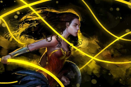 Wonder Woman - wonder woman, girl, anndr, black, fantasy, fanart, art, yellow, luminos, comics