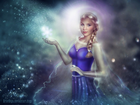 Elsa - brietolga, snowflakes, frozen, blonde, fanart, girl, blue, fantasy, elsa, luminos, disney, snow queen