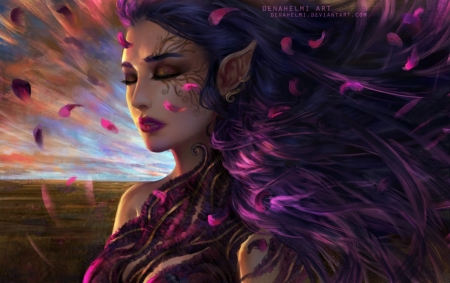 Breeze - breeze, girl, petals, pink, dena helmi, elf, fantasy, wind, purple, art, luminos