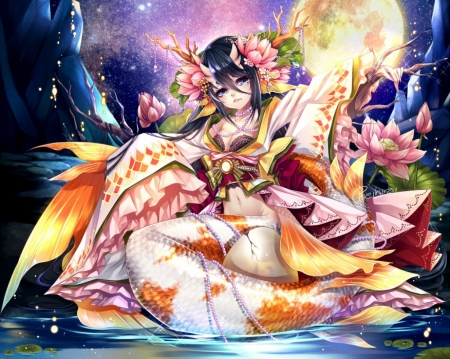 Mermaid - girl, summer, fantasy, hieihirai, lotus, mermaid, fish, sirena, anime, manga, flower