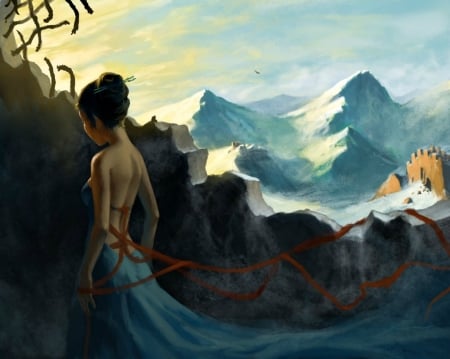 Mountain wreckage - art, girl, mountain, luminos, blue, asian, fantasy, jerrycai