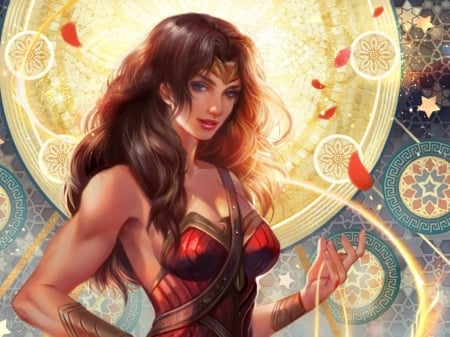 Wonder Woman - comics, girl, petals, wonder woman, fantasy, jiuge, red, fanart, luminos