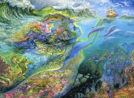 Little mermaid - water, fantasy, painting, art, yellow, luminos, sirena, green, little, ocean, girl, summer, mermaid, blue, fish, josephine wall, pictura