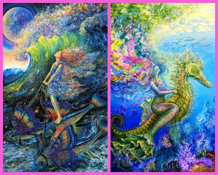 Sea's creatures - collage, girl, summer, painting, art, seahorse, pink, blue, fish, josephine wall, pictura, green, meramid, sea