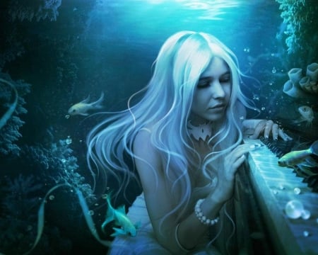 Mermaid - sirena, summer, blue, girl, fantasy, mermaid, underwater, fish, luminos