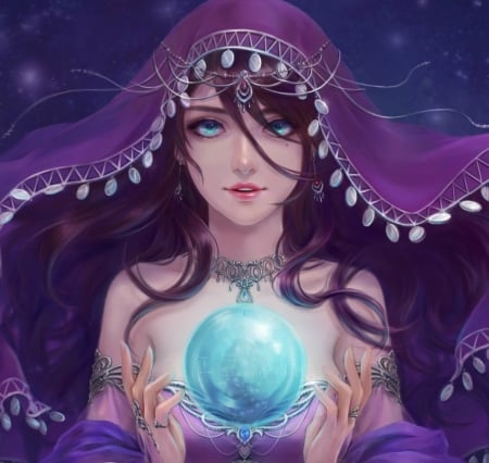 Fortune Teller - glass, girl, frumusete, ball, fortune teller, fantasy, purple, pink, luminos, blue, anime, manga