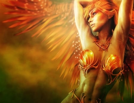 Red Phoenix woman - woman, girl, shibashake, phoenix, fantasy, luminos, red, wing, orange