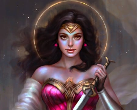 Wonder Woman - comics, serafleur, girl, sword, art, pink, wonder woman, luminos