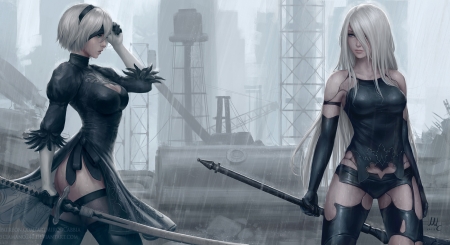 Nier Automata - girl, couple, fighter, fantasy, art, luminos, sciamano240, nier automata, blonde