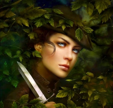 Robyn Hood girl - face, sword, robyn hood, girl, fantasy, melanie delon, hat, luminos, green