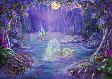 Arcane source - moon, water, summer, forest, flower, pink, tree, shell, fantasy, poglazovs, purple, lake, fish, arcane source, luminos, luna