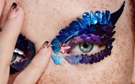 Eyes - face, purple, makeup, girl, woman, freckles, blue, eyes