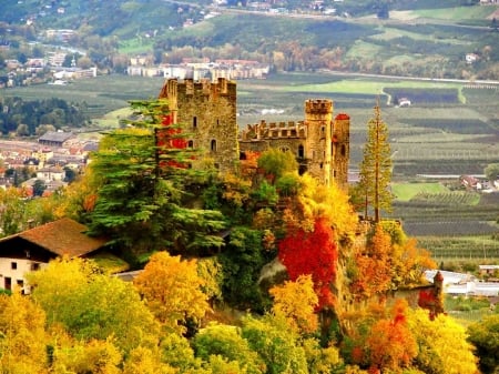 Ancient Castle - trees, summer, autumn, peak, houses, castle