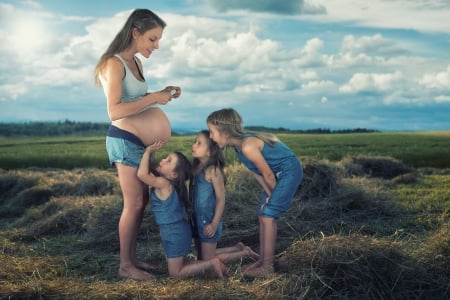 The revelation - belly, blue, girl, john wilhelm, children, copil, child, white, funny, sister, revelation, cloud, situation, mother, little