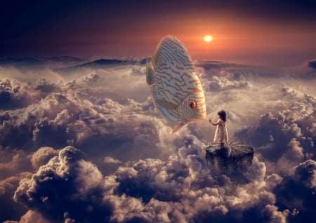 Summer dream - sky, girl, summer, dream, copil, child, fantasy, creative, white, cloud, fish, orange, little