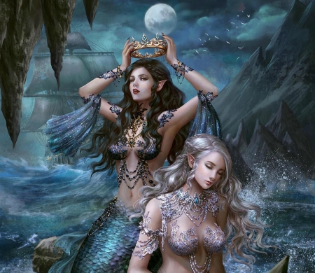 Zodiac Pisces - moon, legend of the cryptids, water, summer, blue, ship, crown, girl, sea, hoanglpsolan, fantasy, pisces, mermaid, zodiac, luminos, luna