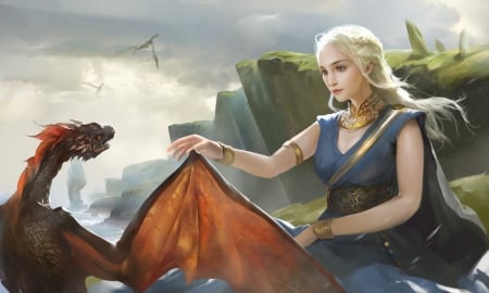 Daenerys Targaryen - game of thrones, liqian, blue, queen, girl, blonde, daenerys targaryen, fantasy, dragon, red, wings, princess, art, luminos