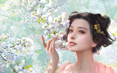 Spring beauty - empress of china, blossom, girl, spring, fan binbing, pink, frumusete, fantasy, white, hand, art, asian, luminos