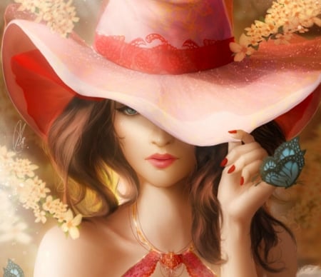 Forever - hat, blue, forever, shu ra, girl, fantasy, hand, red, butterfly, face, luminos