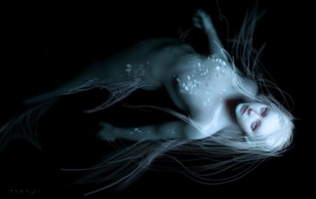 Mermaid - sirena, blue, toraji, girl, black, fantasy, mermaid, art, luminos