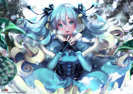 Hatsune Miku - snowflakes, kyjsogom, vocaloid, anime, girl, blue, manga, white, hatsune miku