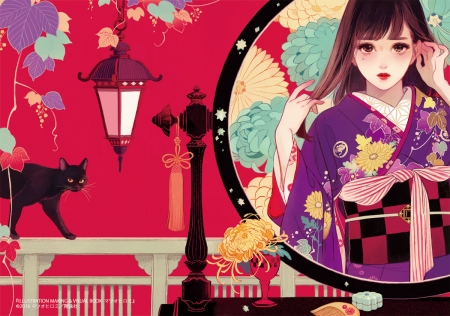 The mirror - black cat, matsuo hiromi, girl, pisica, asian, geisha, art, lantern, mirror, red, luminos, anime, manga