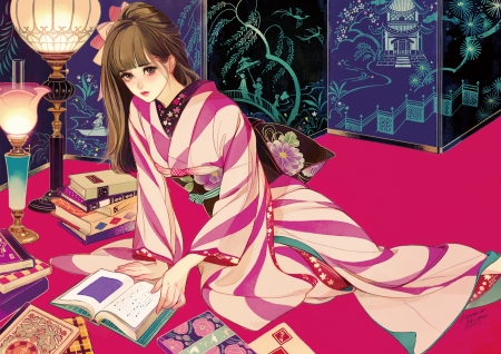 Favourite book - book, pink, anime, girl, manga, art, matsuo hiromi, fantasy, kimono, luminos