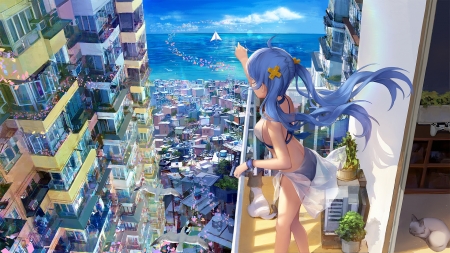 Summer time - hatsune miku, cat, swimsuit, summer, pisica, buildings, blue, anime, sea, stellarism, manga