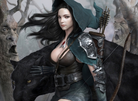 Warrior Woman and Panther - woman, dark, warrior, panther