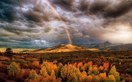 Rainbow over Mountains - sky, landscape, clouds, rain, plants