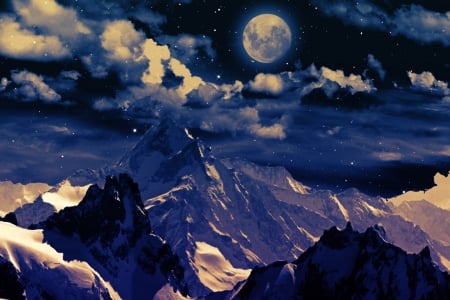 Winter Pass - Mountains, Photoshop, Moon, Peaks, Snowy, Night, Winter, Blue