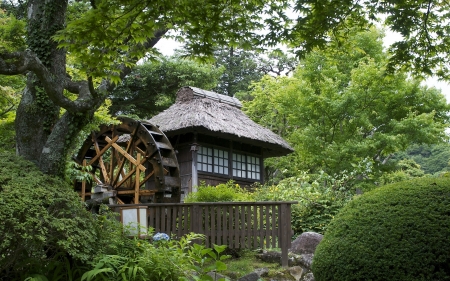 Watermill - oriental, watermill, nature, forest, architecture