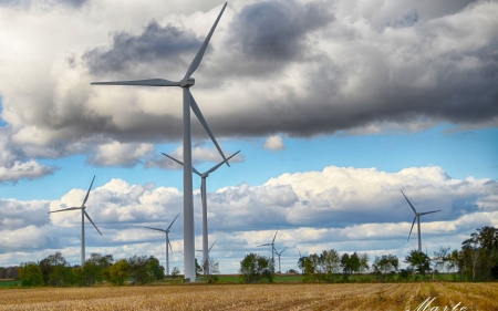 Wind Turbines in Wisconsin, USA - wind turbines, sky, clouds, america, field