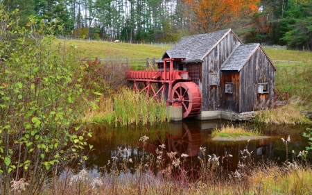 Watermill - watermill, hill, river, trees, nature, grass