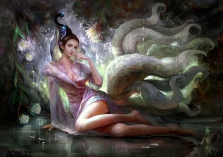 Ahri - beauty, game, cao yuwen, girl, frumusete, fox, fantasy, nine tails, league of legends, luminos