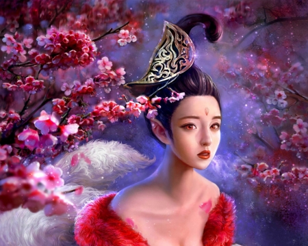 Fox girl - red, flower, pink, beauty, spring, blossom, cao yuwen, girl, frumusete, fox, blue, fantasy, gorgeous, fairy, asian, luminos