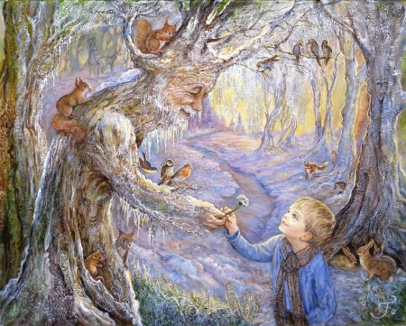 First sign of spring - veverita, squirrel, winter, child, copil, daisy, spring, painting, forest, boy, pictura, tree, josephine wall art, flower