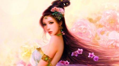 Princess - princess, girl, luminos, ruoxin zhang, pink, frumusete, fantasy, flower