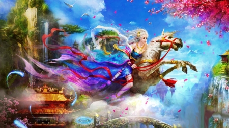 Princess riding a white horse - flower, horse, pink, spring, girl, frumusete, blue, art, white, fantasy, princess, asian, luminos, cal